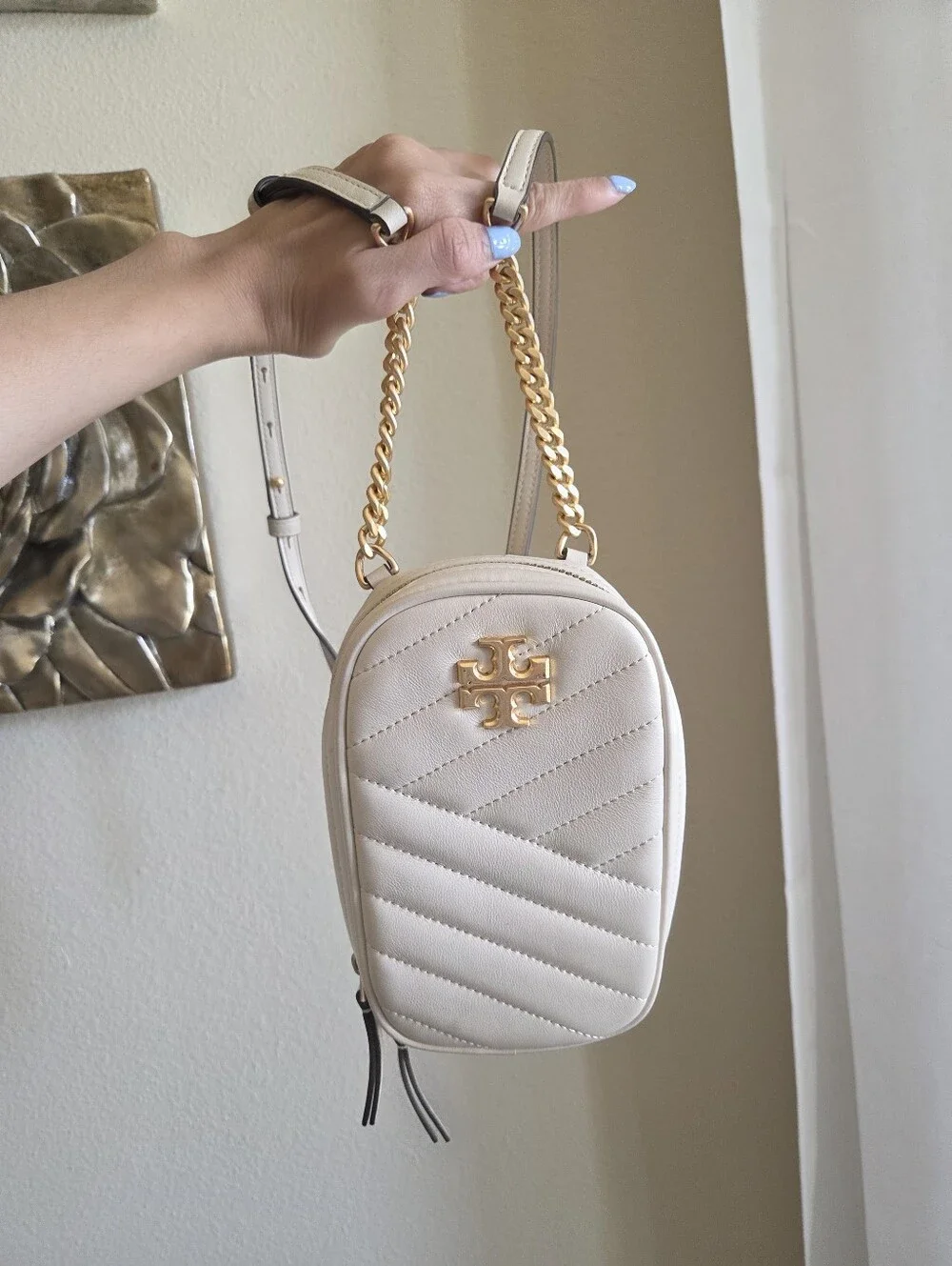 Tory Burch Kira Cream Chevron Quilted Mini Crossbody with Gold Chain